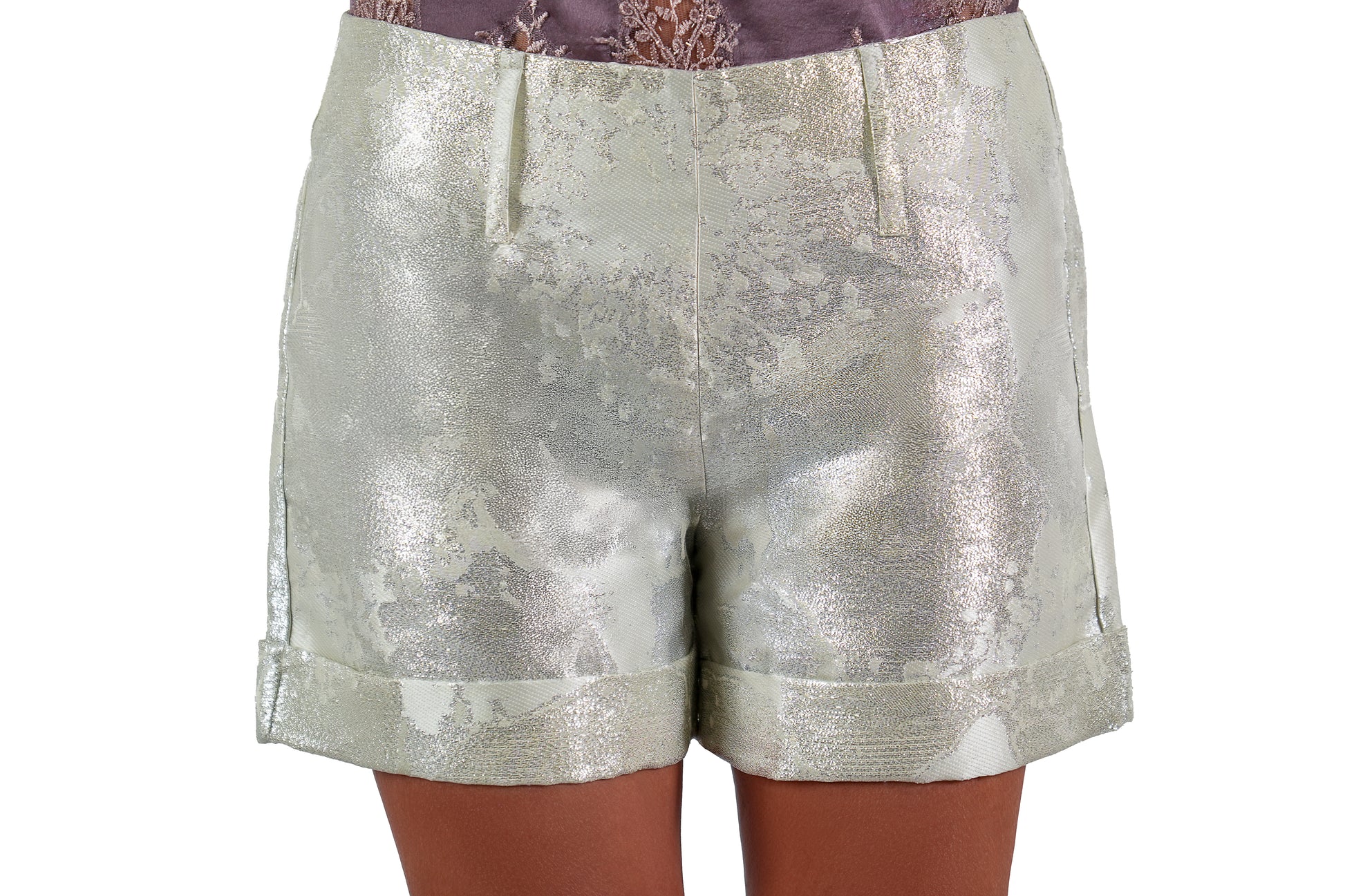 Coral Silver Brocade Shorts Front